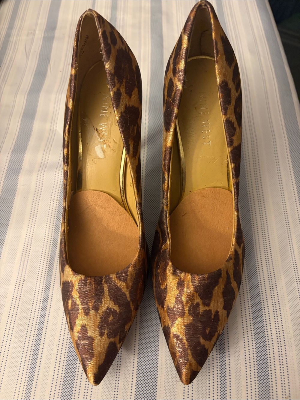 Nine West Leopard Print Pointed Toe Heels in Brown and Gold